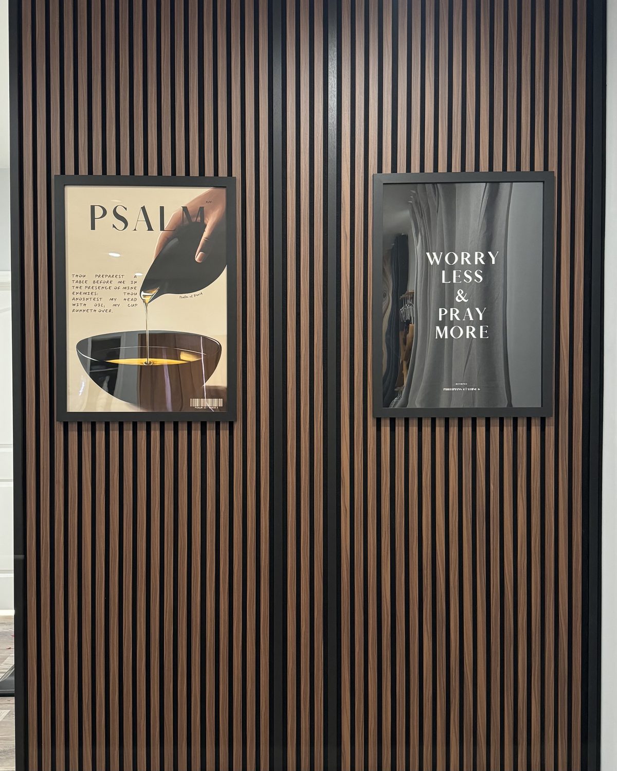 The Sanctum, wood slat accent wall with framed art panels by SEIN ME